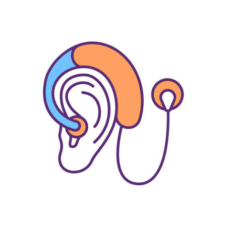 Cochlear implant RGB color icon. Hearing aids. Assistive listening device. Sounds and speech processing, transmission. Medical prosthesis. Hearing problems detection. Isolated vector illustrationのイラスト素材
