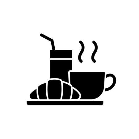 Breakfast black glyph icon. Light morning meal consisting of pastries and baked goods, fruits and coffee. Hotels charge extra money. Silhouette symbol on white space. Vector isolated illustrationのイラスト素材