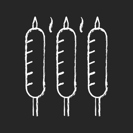 Grilled sausages chalk white icon on black background. Summer side dishes. Meat product for barbecue. Frying. Sear-roasting on grill. Outdoor picnic. Isolated vector chalkboard illustrationのイラスト素材