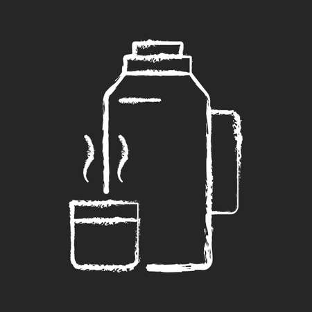 Vacuum flask chalk white icon on black background. Keeping coffee and tea hot. Thermo flask. Leak-proof mug. Heat leaving prevention. Desired temperature. Isolated vector chalkboard illustrationのイラスト素材