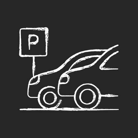 Car parking chalk white icon on black background. Place where hotel guests can leave vehicles for night. Auto safe area with security guards. Isolated vector chalkboard illustrationのイラスト素材