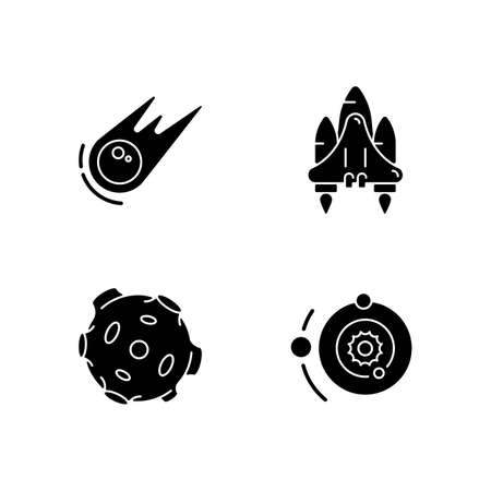 Astronautic black glyph icons set on white space. Gravitationally system of sun and planets around it. Earth natural satellite that travels around it. Silhouette symbols. Vector isolated illustrationのイラスト素材