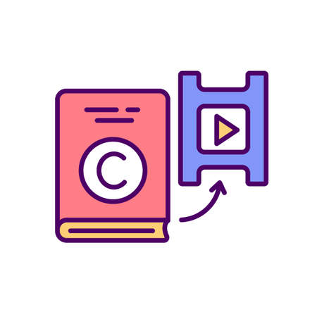 Literary adaptation into movie RGB color icon. Novel adapting into another genre. Television screenplays. Screen adaptation. Literary source transferring to film. Isolated vector illustrationのイラスト素材