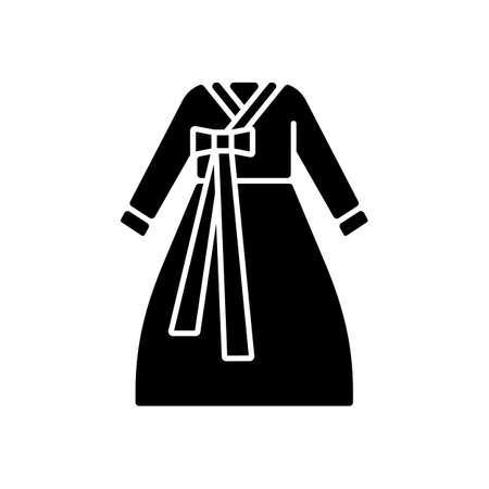 Hanbok black glyph icon. National asian clothing. Oriental dress for women. Eastern outfit. Ethnic festival wear. Korean culture. Silhouette symbol on white space. Vector isolated illustrationのイラスト素材