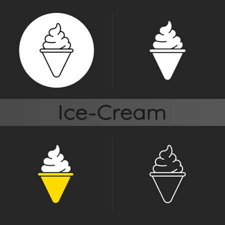Ice cream cone dark theme icon. Cone-shaped frozen pastry. Soft serve. Frozen ingredients. Waffle cone, poke. Linear white, simple glyph and RGB color styles. Isolated vector illustrationsのイラスト素材