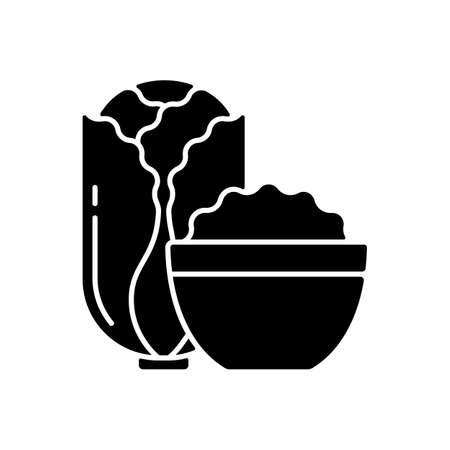 Kimchi black glyph icon. Traditional side dish with cabbage and radish. Asian cuisine. Hot napa meal. Lunch with veggies. Korean culture. Silhouette symbol on white space. Vector isolated illustrationのイラスト素材
