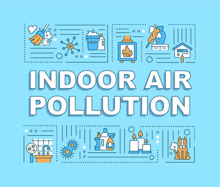 Indoor air pollution word concepts banner. Nature problems because of people waste. Infographics with linear icons on blue background. Isolated typography. Vector outline RGB color illustrationのイラスト素材