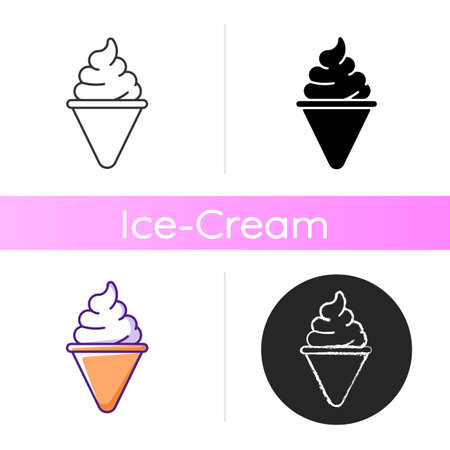Ice cream cone icon. Cone-shaped frozen pastry. Soft serve. Frozen ingredients. Mixture from milk, sugar. Waffle cone, poke. Linear black and RGB color styles. Isolated vector illustrationsのイラスト素材