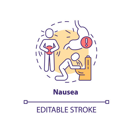 Nausea concept icon. Air pollution disease symptom idea thin line illustration. Vomiting. Health impacts. Abdominal pain, heaviness. Vector isolated outline RGB color drawing. Editable strokeのイラスト素材