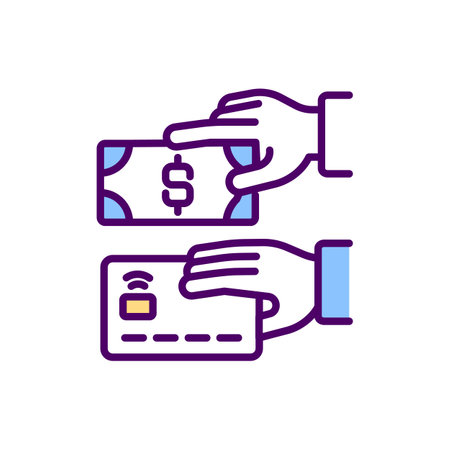Payment methods RGB color icon. Paying online, via credit card. Global payment options. E-commerce. Revenue opportunities. Electronic bank transfers. Virtual currency. Isolated vector illustrationのイラスト素材