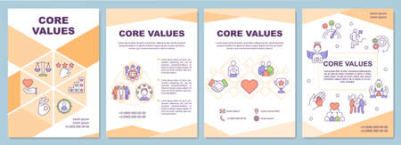 Core values brochure template. Personal ethics, ideals. Flyer, booklet, leaflet print, cover design with linear icons. Vector layouts for presentation, annual reports, advertisement pagesのイラスト素材
