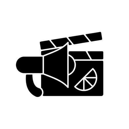Branded promo video black glyph icon. Specially designed content for advertising product. Designing company marketing plan. Silhouette symbol on white space. Vector isolated illustrationのイラスト素材