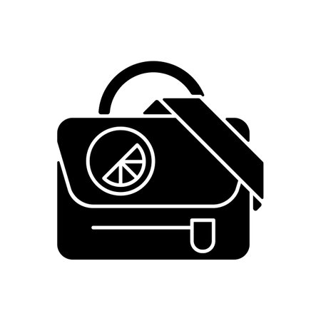 Branded shoulder bag black glyph icon. Stylish accessory to carry many things. Beautiful design of clothes. Stylish look creation. Silhouette symbol on white space. Vector isolated illustrationのイラスト素材