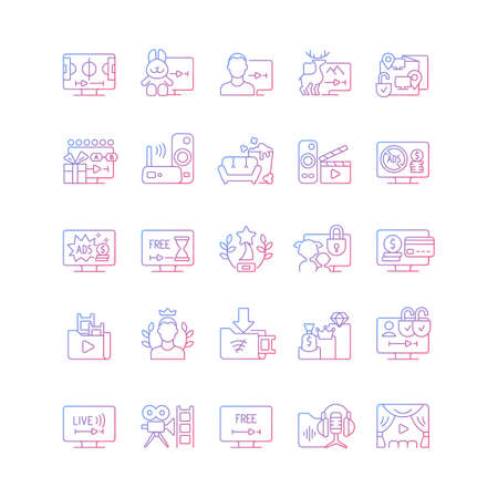 Streaming services gradient linear vector icons set. Subscription plan for month. Watching video content at home. Thin line contour symbols bundle. Isolated vector outline illustrations collectionのイラスト素材