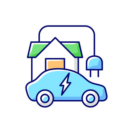 Home EV charging point RGB color icon. Fueling up electronic vehicle at home. Convinient place to charge electromobile. Natural fuel. Isolated vector illustrationのイラスト素材