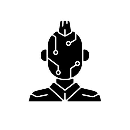 Face microcircuit black glyph icon. High tech body augmentation. Cyberpunk movie, sci fi game. Futuristic technology. Silhouette symbol on white space. Vector isolated illustrationのイラスト素材