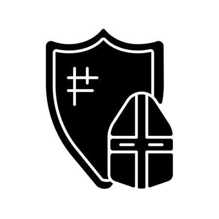 Knight armor black glyph icon. Medieval knight suit. Middle ages. Helmet, shield. Jousting. Plate armor. Enhancing protective effect. Silhouette symbol on white space. Vector isolated illustrationのイラスト素材