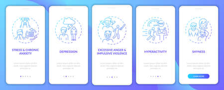 Self-control development navy onboarding mobile app page screen with concepts. Regulation walkthrough 5 steps graphic instructions. UI, UX, GUI vector template with linear color illustrationsのイラスト素材