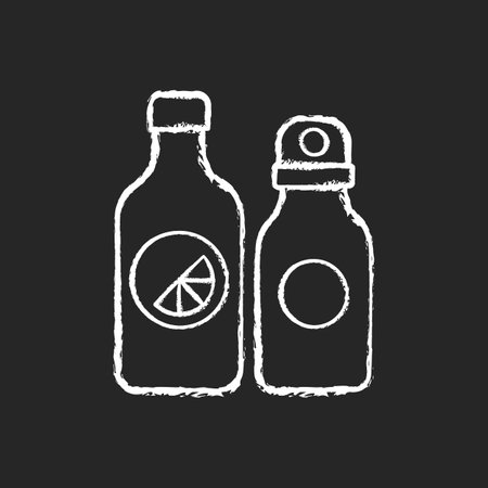 Branded water bottle chalk white icon on black background. Designer create unique water holder for travelers. Fashion items to look modern and stylish. Isolated vector chalkboard illustrationのイラスト素材