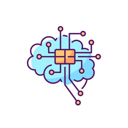 Brain microcircuit RGB color icon. Innovative technology. Machine learning. Artificial intelligence....