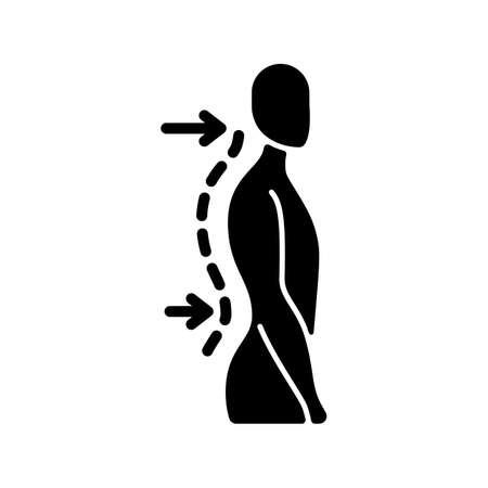 Lumbar lordosis black glyph icon. Excessive inward spine curve. Saddleback appearance. Pain, discomfort. Difficulty with coordination. Silhouette symbol on white space. Vector isolated illustrationのイラスト素材