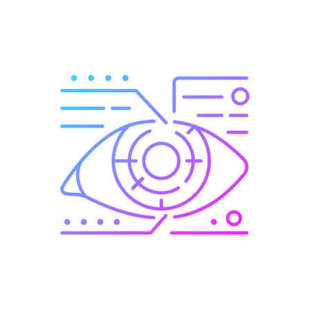 Lens microcircuit gradient linear vector icon. Android eye with specs info. Cyberpunk, sci fi. Futuristic technology. Thin line color symbols. Modern style pictogram. Vector isolated outline drawingのイラスト素材
