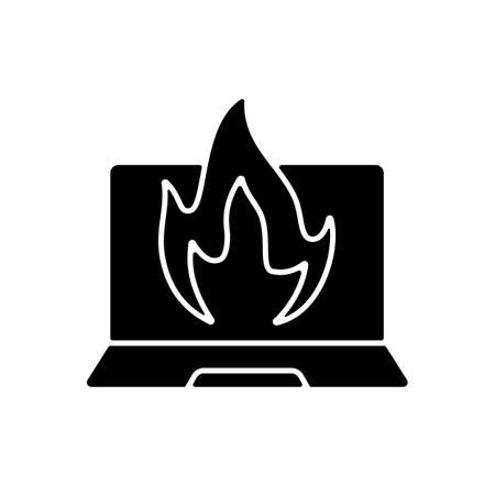 Computer burning black glyph icon. Hardware crash, overheating issue. Burning laptop. Electronics destruction. Broken technology. Silhouette symbol on white space. Vector isolated illustrationのイラスト素材