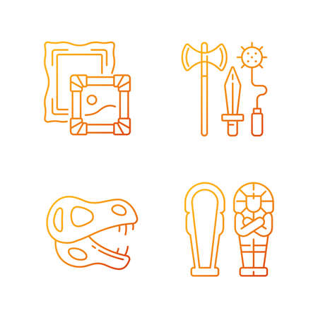 Archaeological excavation gradient linear vector icons set. Paintings. Knight weapon. Dinosaur skeleton. Sarcophagus. Thin line contour symbols bundle. Isolated vector outline illustrations collectionのイラスト素材