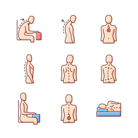Back and posture problems RGB color icons set. Slouched position at desk. Roundback, hunchback. Spine natural curvature. Uneven hips and shoulders. Lower back pain. Isolated vector illustrationsのイラスト素材