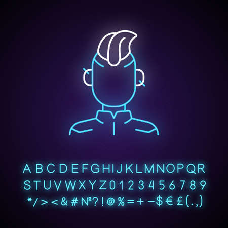 Cyberpunk person neon light icon. Punk subculture, goth teenager. Cyberpunk movie, game. Outer glowing effect. Sign with alphabet, numbers and symbols. Vector isolated RGB color illustrationのイラスト素材
