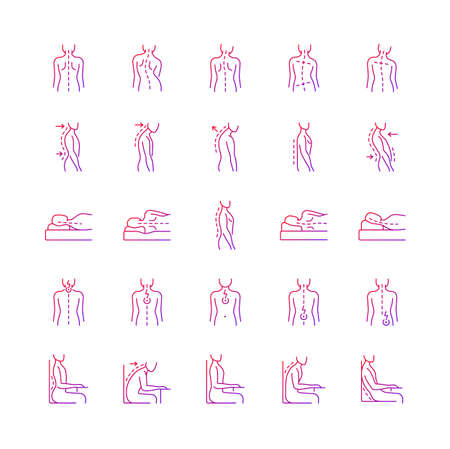 Back and posture problems gradient linear vector icons set. Spinal abnormalities. Maintaining natural alignment. Thin line contour symbols bundle. Isolated vector outline illustrations collectionのイラスト素材