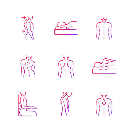 Back and posture problems gradient linear vector icons set. Lumbar lordosis. Incorrect sleeping position. Neck pain. Thin line contour symbols bundle. Isolated vector outline illustrations collectionのイラスト素材