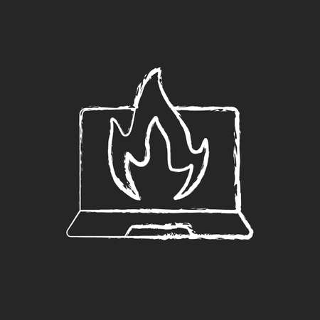 Computer burning chalk white icon on black background. Hardware crash, overheating issue. Burning laptop, PC problems. Tech support, repair service. Isolated vector chalkboard illustrationのイラスト素材