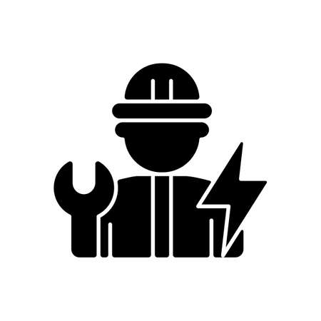 Electrician black glyph icon. Electrical wiring system installation and maintenance. Operating with electric devices, equipment. Silhouette symbol on white space. Vector isolated illustrationのイラスト素材