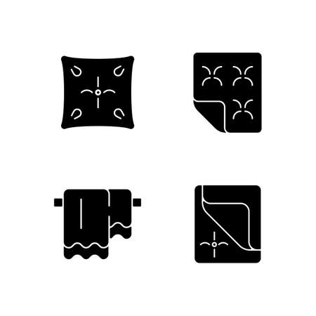 Household cloth black glyph icons set on white space. Soft cushion. Orthopedic mattress. Hanging bathroom towels. Bed cover, sheets. Textile products. Silhouette symbols. Vector isolated illustrationのイラスト素材
