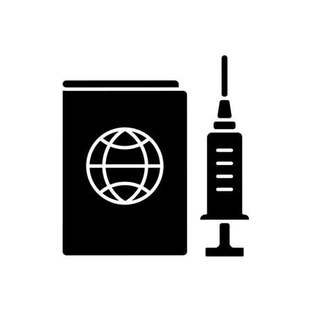 Vaccine passport black glyph icon. Traveler ID pass, tourist card. Vaccinated passenger license. Health care and medicine. Silhouette symbol on white space. Vector isolated illustrationのイラスト素材