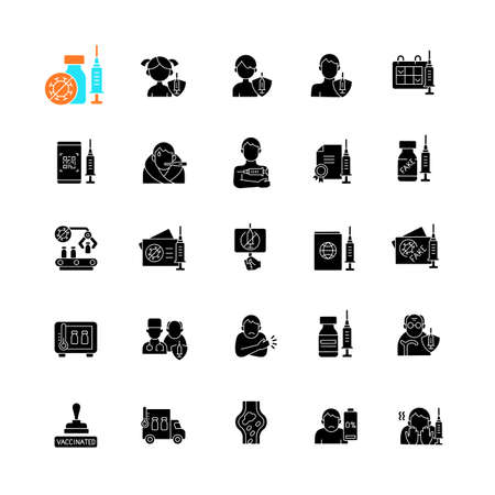 Vaccination and covid passport black glyph icons set on white space. Vaccine distribution. Virus treatment for age groups. Health care and medicine. Silhouette symbols. Vector isolated illustrationのイラスト素材