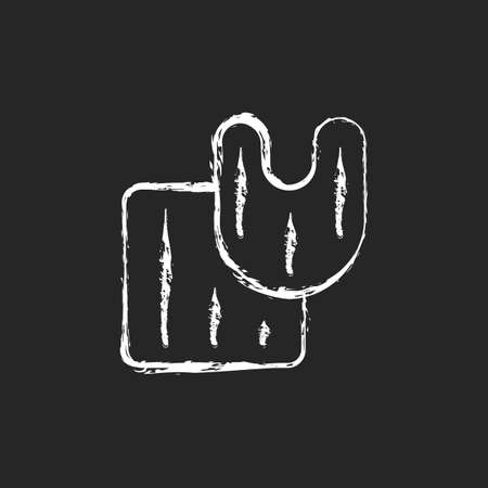 Bathroom rug set chalk white icon on dark background. Toilet mat. Shower carpet. Floor tiles. Textile products, household cloths. Domestic material. Isolated vector chalkboard illustration on blackのイラスト素材