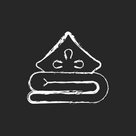 Bed linen chalk white icon on dark background. Soft cushion and sheets. Comfortable duvet, pillow. Textile products, household cloths. Domestic items. Isolated vector chalkboard illustration on blackのイラスト素材