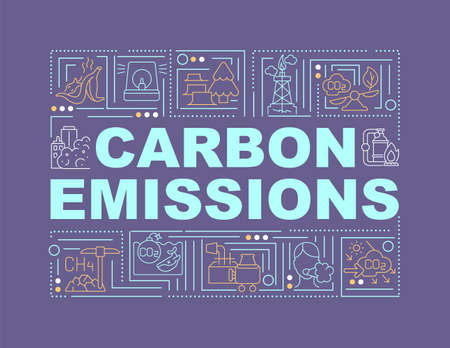 Carbon emissions word concepts banner. CO2 release. Negative side effect. Infographics with linear icons on purple background. Isolated creative typography. Vector outline color illustration with textのイラスト素材