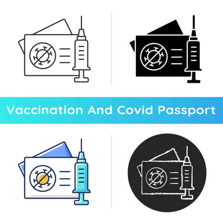 Vaccination card icon. virus immunization certificate. Pass for vaccinated tourist. Health care and medicine. Medical document. Linear black and RGB color styles. Isolated vector illustrationsのイラスト素材