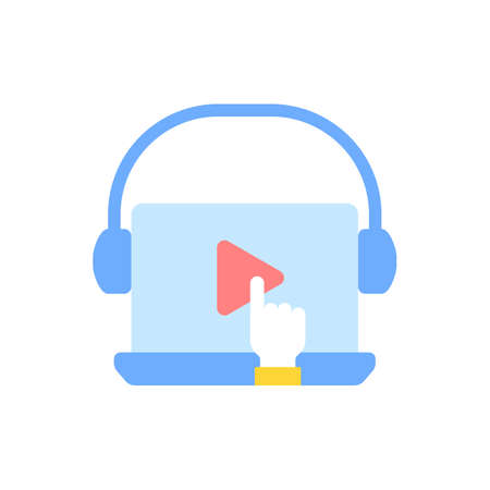 Online video for e learning vector flat color icon. Skill development with elearning course. Education, tutorial on internet. Cartoon style clip art for mobile app. Isolated RGB illustrationのイラスト素材