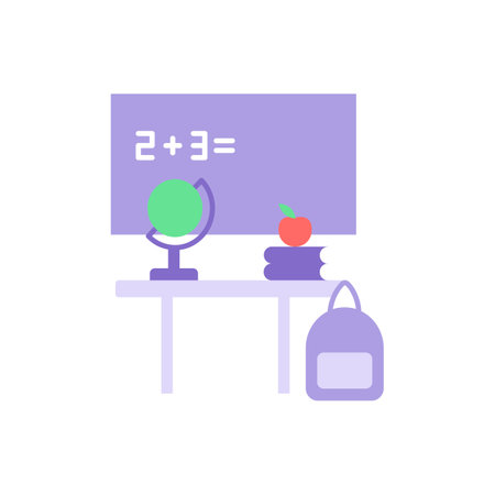 Primary school vector flat color icon. Preschool classroom with chalkboard and teachers desk. Education and studying. Cartoon style clip art for mobile app. Isolated RGB illustrationのイラスト素材