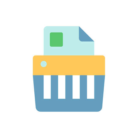Paper shredding vector flat color icon. Cutting paper into either strips, fine particles. Mechanical...