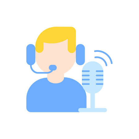 Broadcast vector flat color icon. Radio stream. Online podcast presenter. Person record audio. Information transmission. Cartoon style clip art for mobile app. Isolated RGB illustrationのイラスト素材