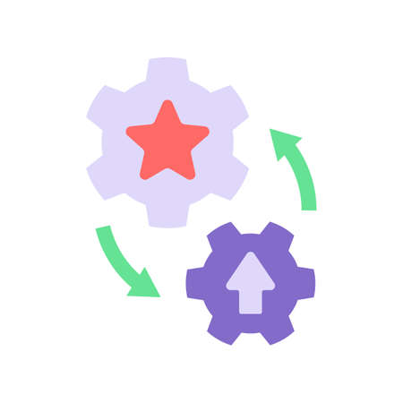 Progress in development vector flat color icon. Turning cogwheel. Engineering process. Technical skills improvement. Cartoon style clip art for mobile app. Isolated RGB illustrationのイラスト素材