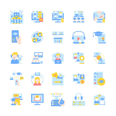 Online tutoring vector flat color icon set. Skill development with elearning course. Education and tutorial on internet. Cartoon style clip art for mobile app pack. Isolated RGB illustration bundleのイラスト素材