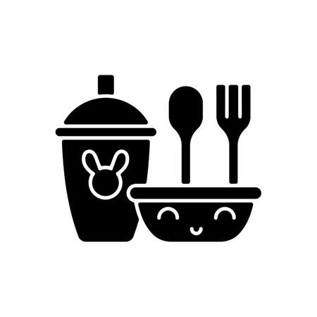 Kids dinnerware black glyph icon. Plates created for children to eat comfortably. Learning how to eat. Rubbered plastic forks and spoons. Silhouette symbol on white space. Vector isolated illustrationのイラスト素材