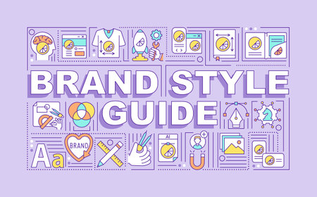 Brand style guide word concepts banner. Business promotion. Infographics with linear icons on purple background. Isolated creative typography. Vector outline color illustration with textのイラスト素材