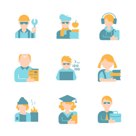 Age, gender and social status vector flat color icon set. Different demographics, groups of people....